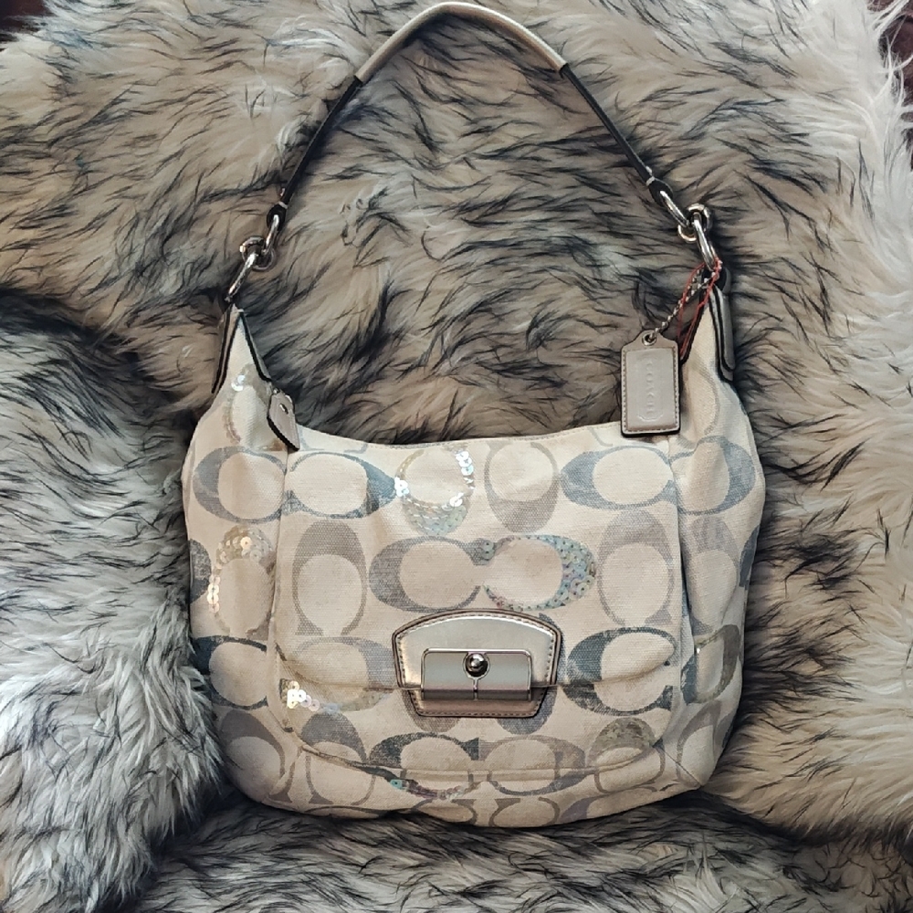 Coach Beige and Gray Signature Shoulder Bag
